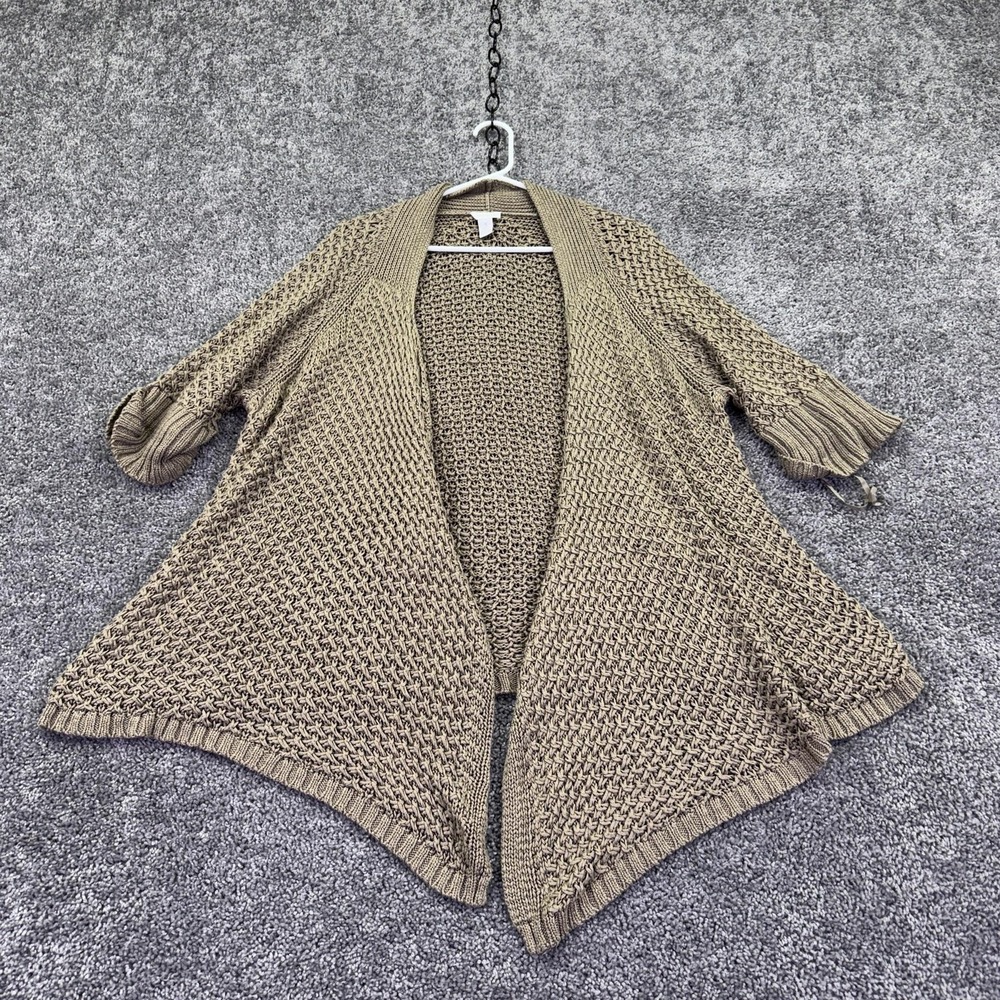 Chico's Sweater Cardigan Womens 3 Brown Open Front 3/4 Sleeve Textured Knit